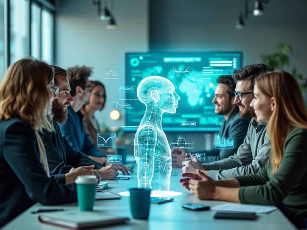 Workforce development illustration showing AI training, cross-functional collaboration, and upskilling programs